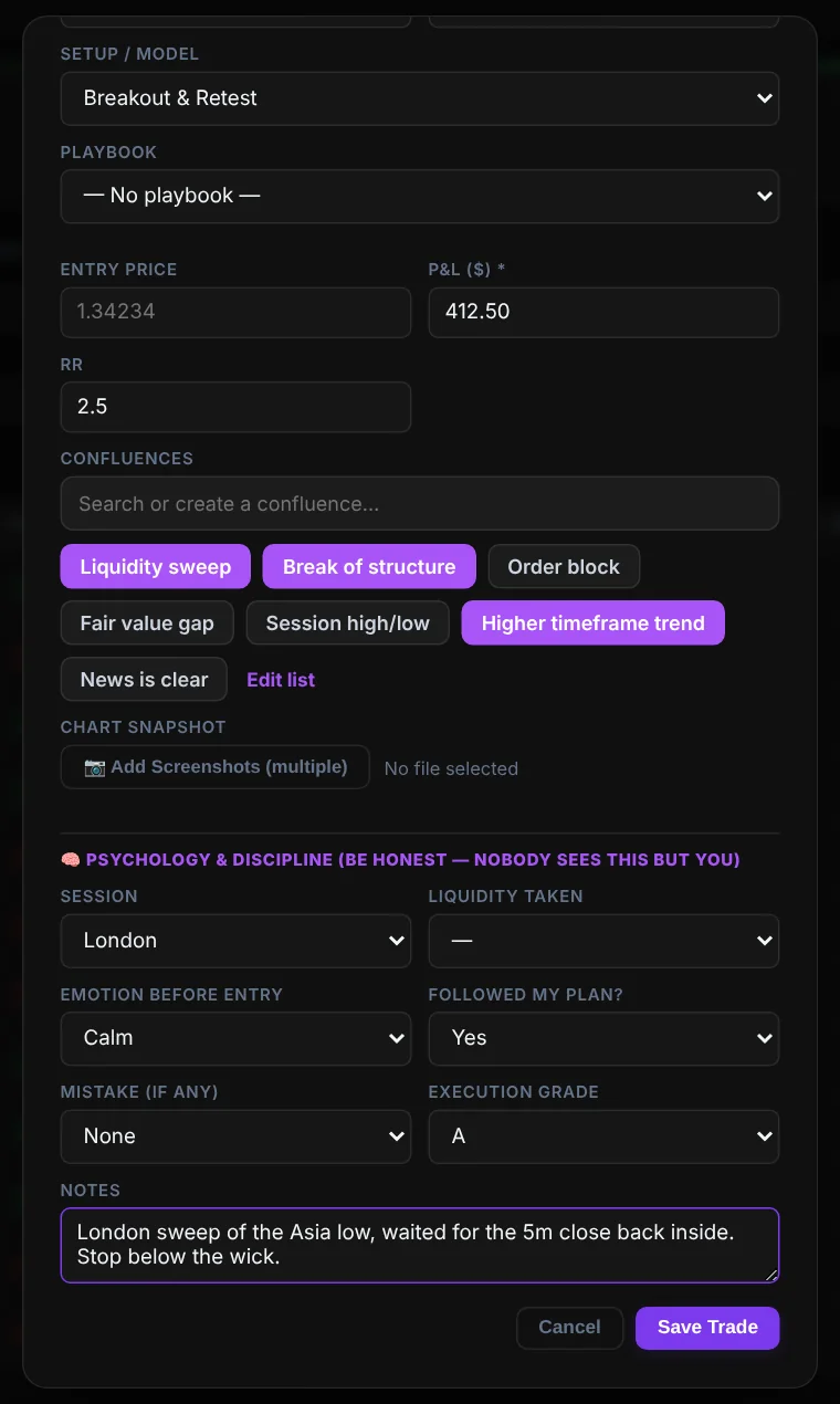 Add trade form with setup, confluences, screenshots and psychology fields